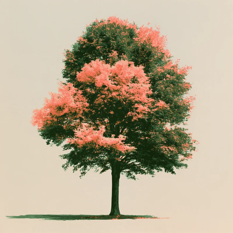 Screenprint-style beech tree in pink and dark green on a pale background.