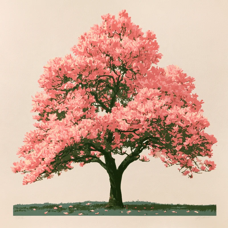 Screenprint-style magnolia tree in pink and dark green on a pale background.