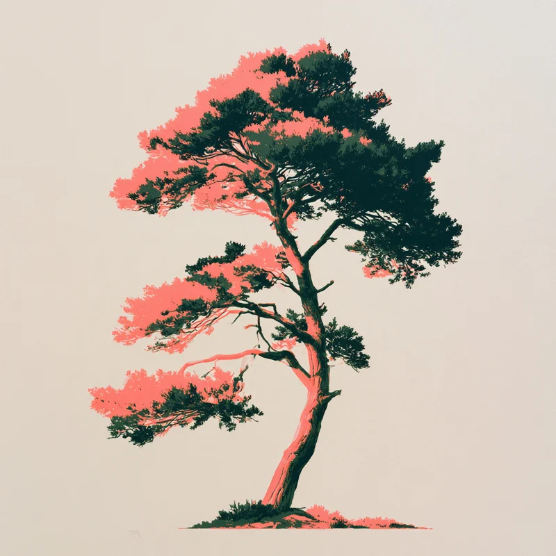 Screenprint-style scots pine tree in pink and dark green on a pale background.